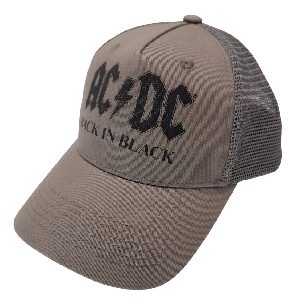 Lucky Brand AC/DC Back In Black Brown‎ Gray Mesh Trucker Hat Snapback Cap Mens